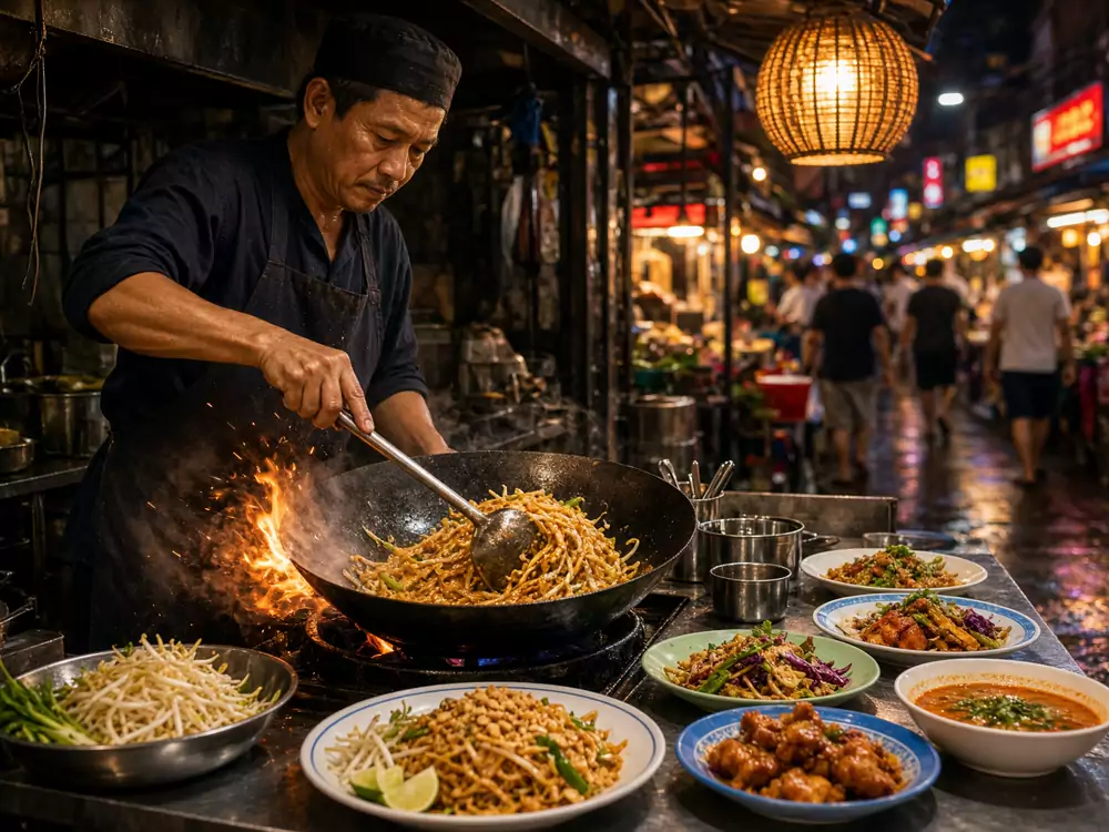 Bangkok street food stall cooking Thai dishes at night