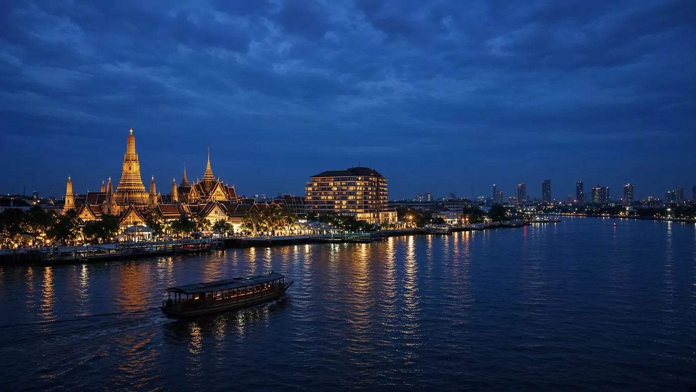 Chao Phraya River at dusk with Bangkok city lights