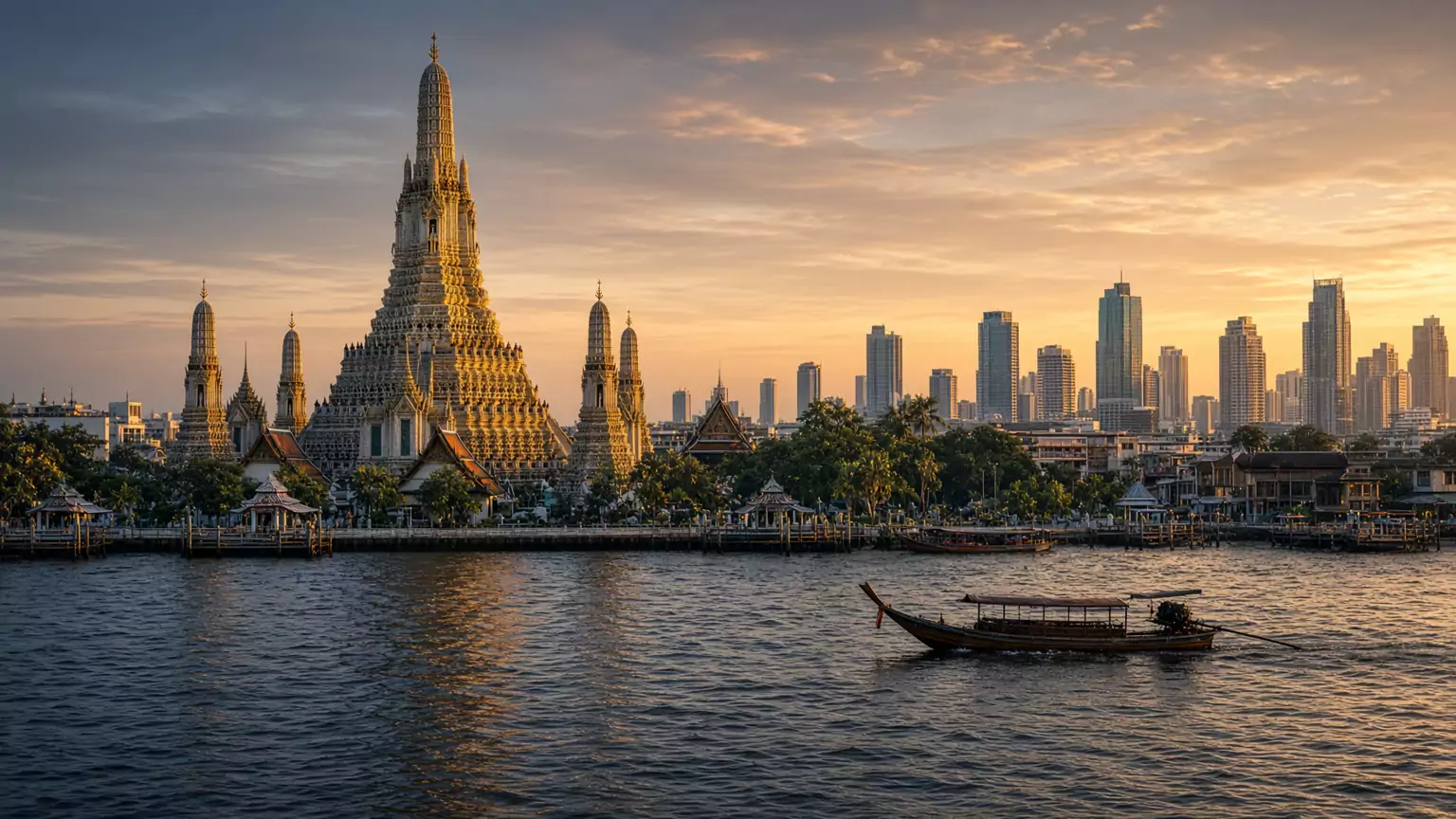 Bangkok skyline and Wat Arun in Thailand